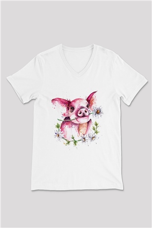 Domuz Beyaz Unisex V Yaka Tişört