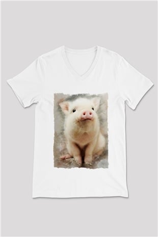 Domuz Beyaz Unisex V Yaka Tişört