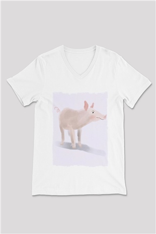 Domuz Beyaz Unisex V Yaka Tişört