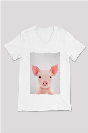 Domuz Beyaz Unisex V Yaka Tişört