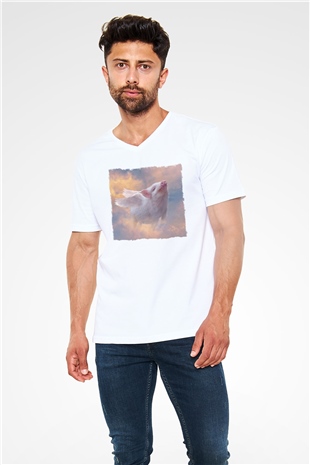 Domuz Beyaz Unisex V Yaka Tişört