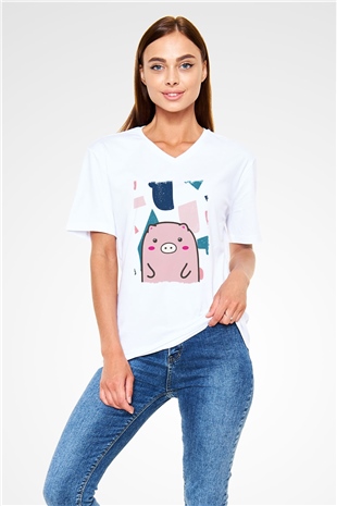 Domuz Beyaz Unisex V Yaka Tişört