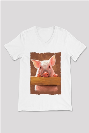 Domuz Beyaz Unisex V Yaka Tişört