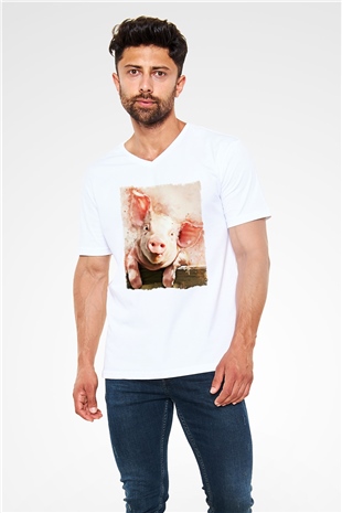 Domuz Beyaz Unisex V Yaka Tişört