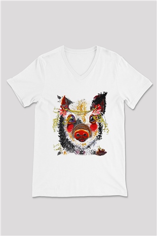 Domuz Beyaz Unisex V Yaka Tişört T-Shirt