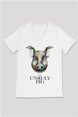 Domuz Beyaz Unisex V Yaka Tişört T-Shirt
