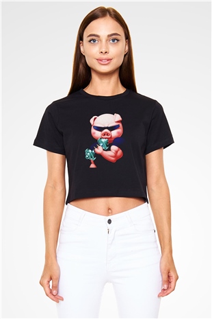 Domuz Siyah Crop Top Tişört