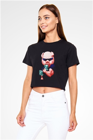 Domuz Siyah Crop Top Tişört