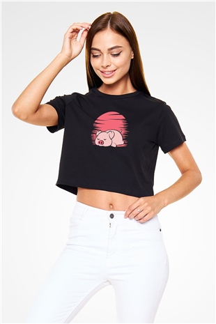 Domuz Siyah  Crop Top Tişört
