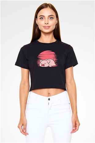 Domuz Siyah  Crop Top Tişört