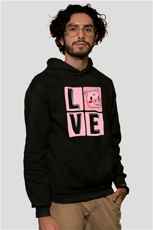 Domuz Siyah Unisex Kapüşonlu Sweatshirt