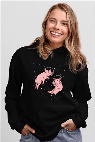 Domuz Siyah Unisex Kapüşonlu Sweatshirt