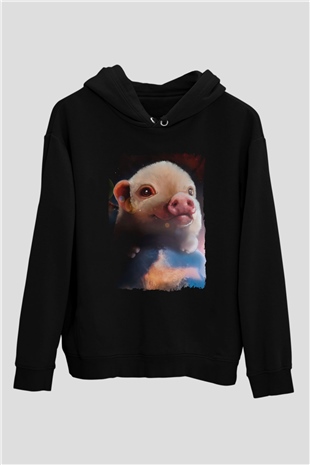 Domuz Siyah Unisex Kapüşonlu Sweatshirt