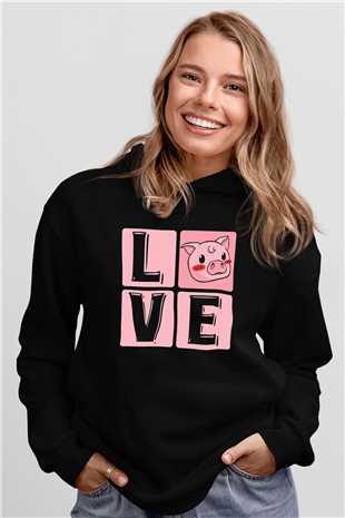 Domuz Siyah Unisex Kapüşonlu Sweatshirt