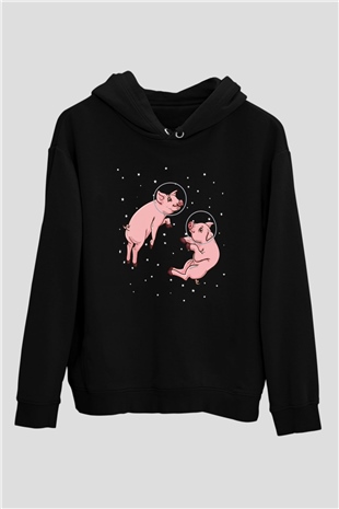 Domuz Siyah Unisex Kapüşonlu Sweatshirt