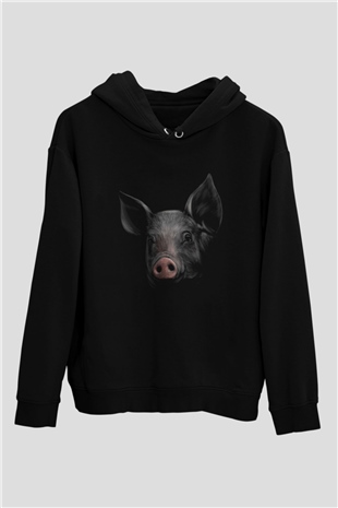 Domuz Siyah Unisex Kapüşonlu Sweatshirt