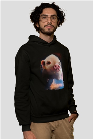 Domuz Siyah Unisex Kapüşonlu Sweatshirt