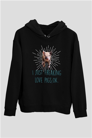 Domuz Siyah Unisex Kapüşonlu Sweatshirt