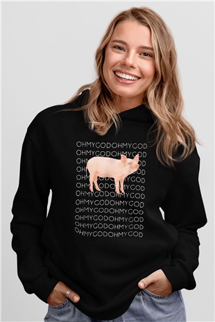 Domuz Siyah Unisex Kapüşonlu Sweatshirt