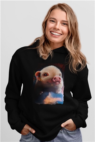 Domuz Siyah Unisex Kapüşonlu Sweatshirt