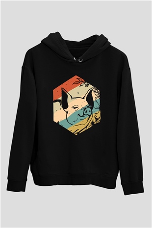 Domuz Siyah Unisex Kapüşonlu Sweatshirt