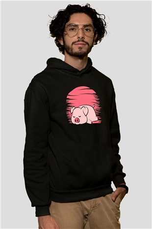 Domuz Siyah Unisex Kapüşonlu Sweatshirt