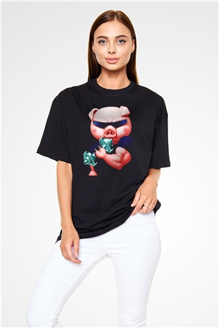 Domuz Siyah Unisex Oversize Tişört T-Shirt