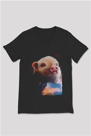 Domuz Siyah Unisex V Yaka Tişört