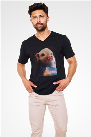Domuz Siyah Unisex V Yaka Tişört