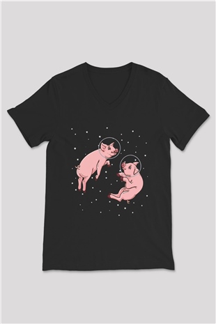 Domuz Siyah Unisex V Yaka Tişört