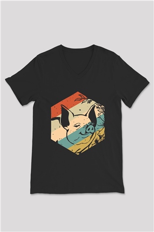 Domuz Siyah Unisex V Yaka Tişört
