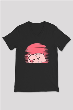 Domuz Siyah Unisex V Yaka Tişört