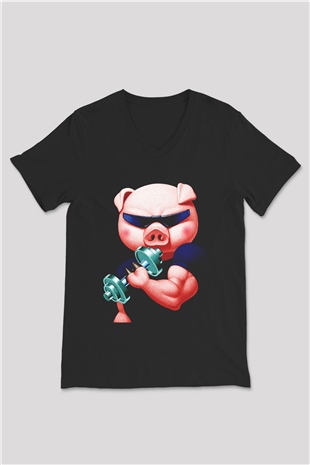 Domuz Siyah Unisex V Yaka Tişört T-Shirt