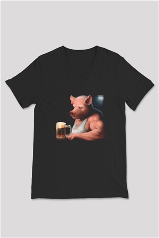Domuz Siyah Unisex V Yaka Tişört T-Shirt