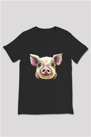 Domuz Siyah Unisex V Yaka Tişört T-Shirt