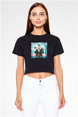Don Diablo Baskılı Crop Top Siyah Kadın Tişört