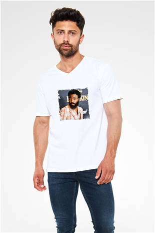 Donald Glover Baskılı Beyaz V Yaka Unisex Tişört