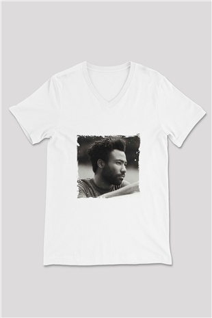 Donald Glover Baskılı Beyaz V Yaka Unisex Tişört