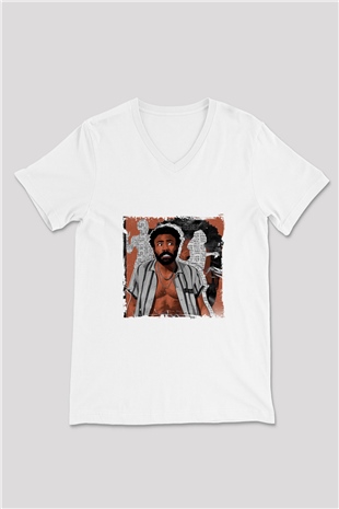 Donald Glover Baskılı Beyaz V Yaka Unisex Tişört