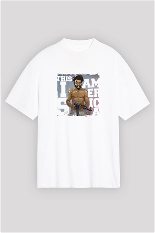 Donald Glover Baskılı Oversize Beyaz Tişört