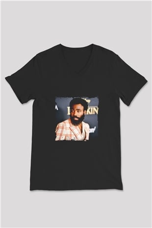 Donald Glover Baskılı Unisex Siyah V Yaka Tişört