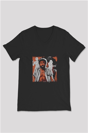 Donald Glover Baskılı Unisex Siyah V Yaka Tişört