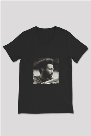 Donald Glover Baskılı Unisex Siyah V Yaka Tişört