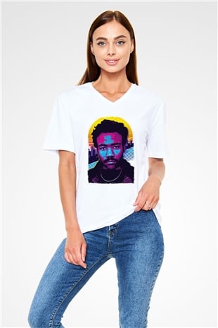 Donald Glover Beyaz Unisex V Yaka Tişört