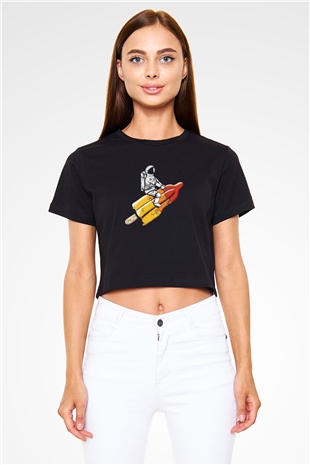 Dondurma ile Uzaya Yolculuk Baskılı  Siyah  Crop Top Tişört