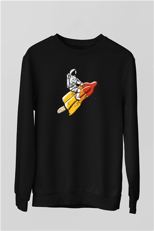 Dondurma ile Uzaya Yolculuk Baskılı Unisex Siyah  Sweatshirt