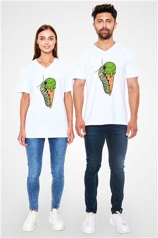 Dondurmacı Beyaz Unisex V Yaka Tişört