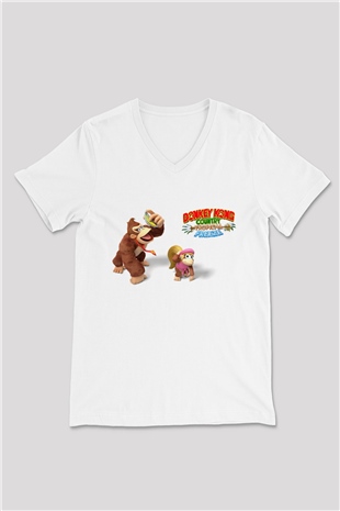 Donkey Kong Beyaz Unisex V Yaka Tişört