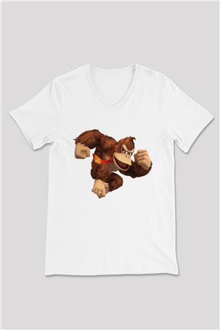 Donkey Kong Beyaz Unisex V Yaka Tişört