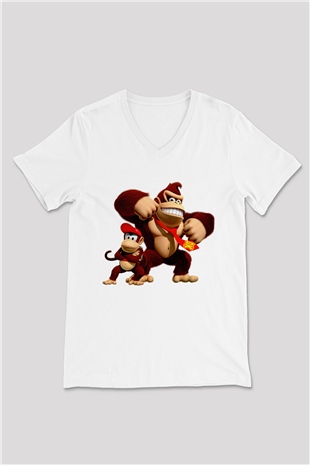Donkey Kong Beyaz Unisex V Yaka Tişört